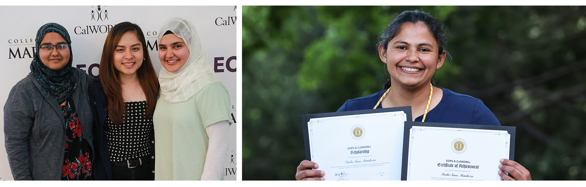 Group photo of three students at a CalWORKs event alongside a graduate holding certificates outdoors.