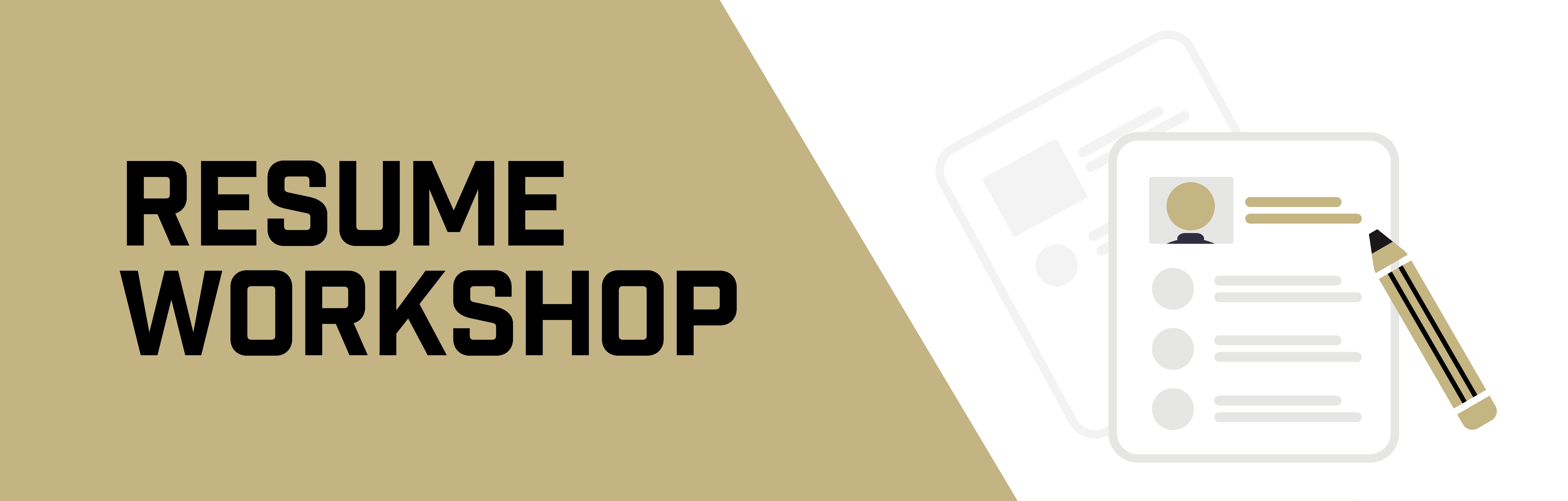 Banner for a resume workshop featuring bold “RESUME WORKSHOP” text alongside an illustration of a resume document and pencil.